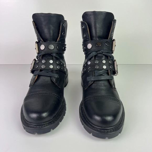 Frye Women's Samantha Stud Belted Hiker Combat Ankle Boots Black Size 7 - Picture 3 of 10